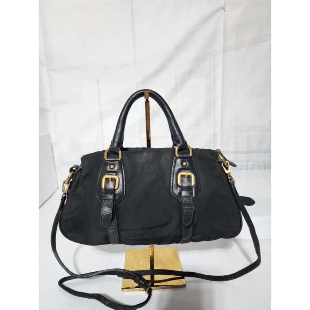 Authentic PRADA Tessuto Nylon And Leather Bauletto Bag Black